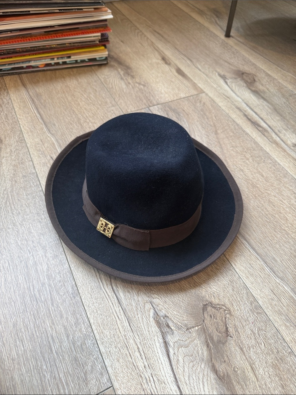 Tory Burch Navy Fedora with Brown Trim and Gold Emblem
